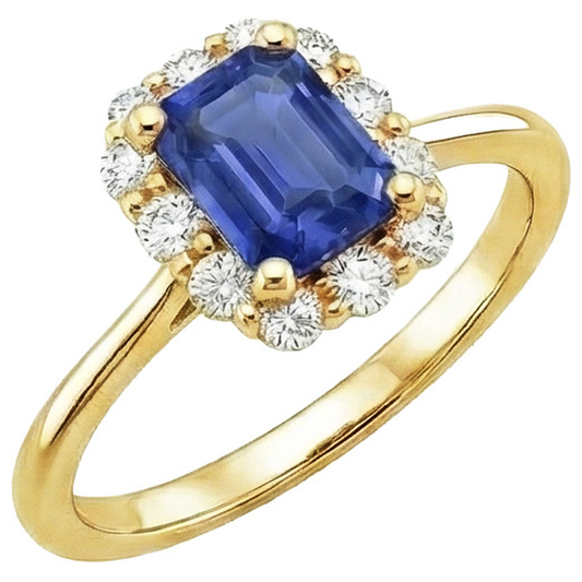 Halo Ring Yellow Gold 14K Ceylon Sapphire & Natural Earth Mined Diamond ( Not Lab Grown ) 4.25 Carats