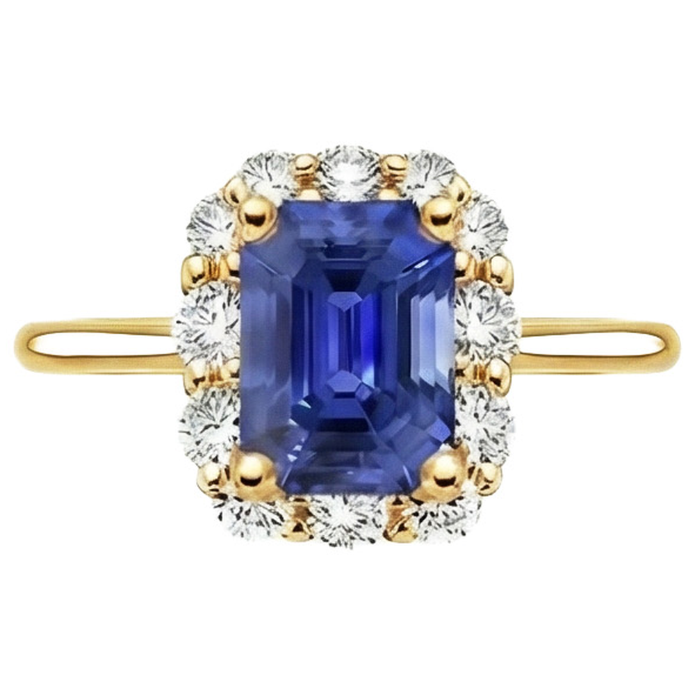 Halo Ring Yellow Gold 14K Ceylon Sapphire & Natural Earth Mined Diamond ( Not Lab Grown ) 4.25 Carats