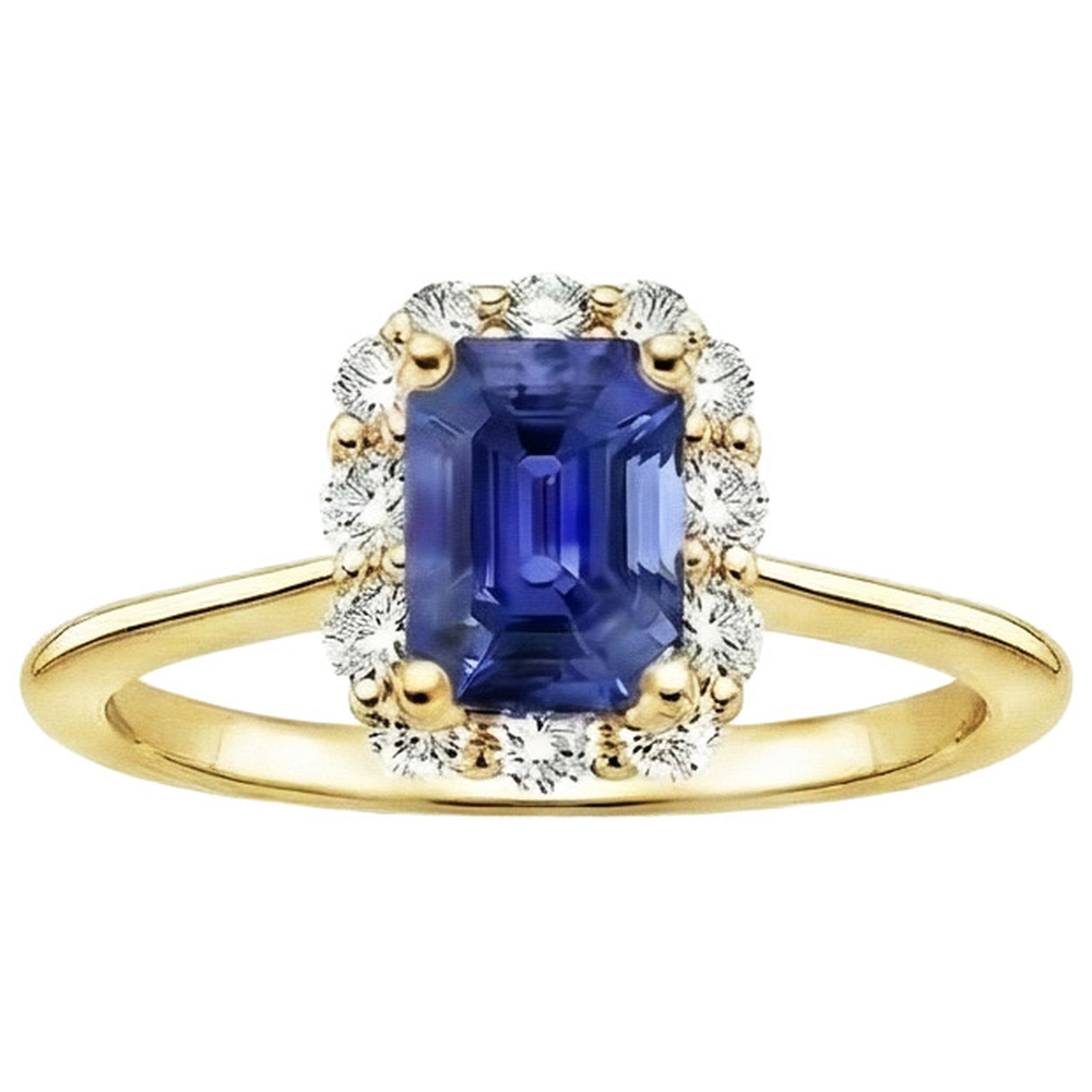 Halo Ring Yellow Gold 14K Ceylon Sapphire & Natural Earth Mined Diamond ( Not Lab Grown ) 4.25 Carats