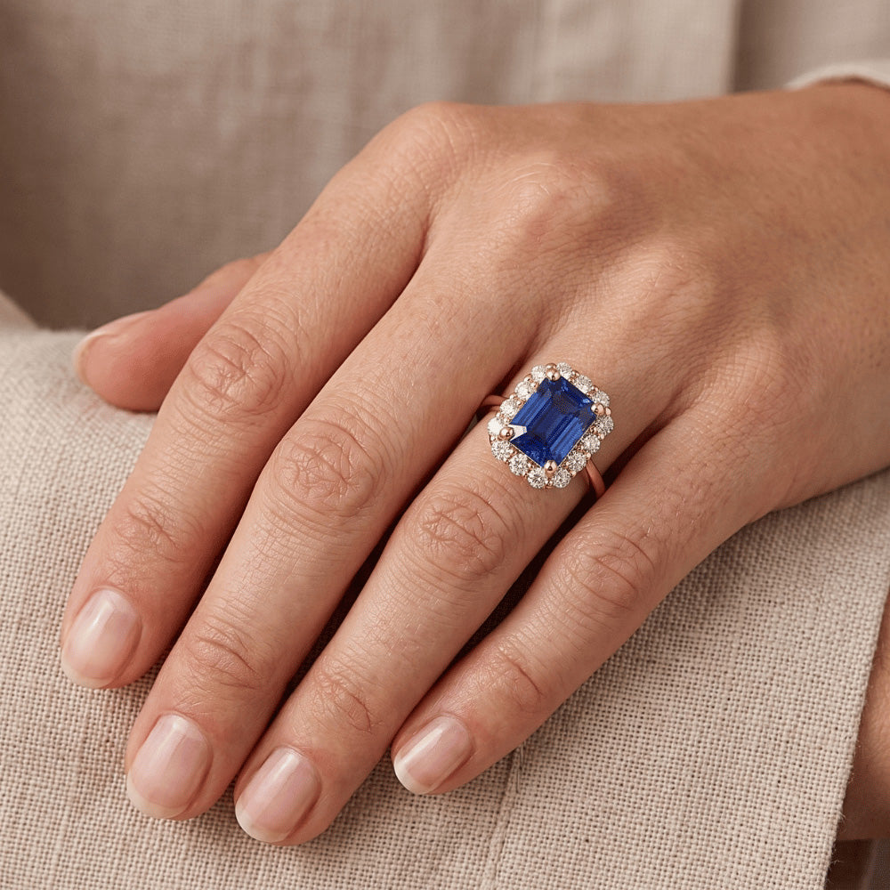 Halo Ring Yellow Gold 14K Ceylon Sapphire & Natural Earth Mined Diamond ( Not Lab Grown ) 4.25 Carats