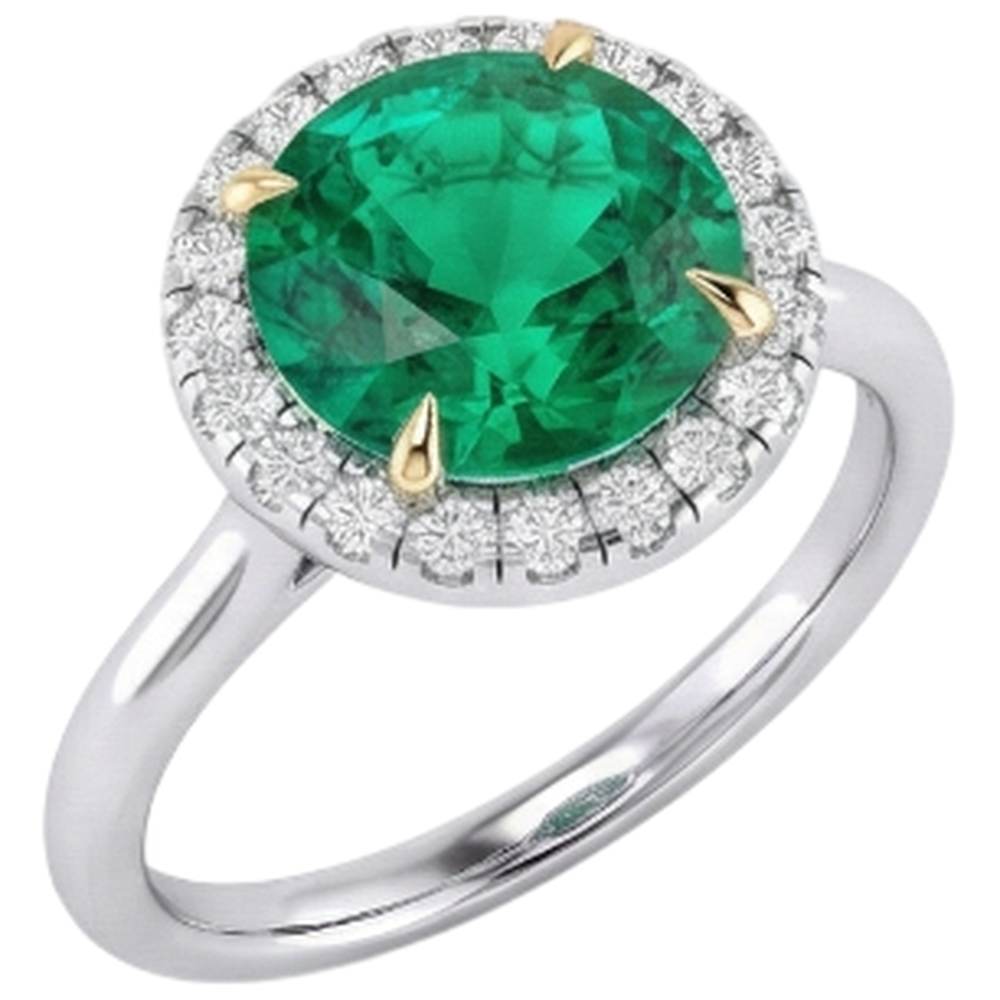 Fine Emerald Round Cut Colored Stone Ring in 14K Two Tone Gold – angle view