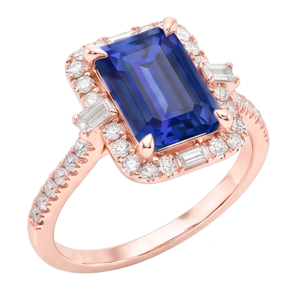 Halo Rose Gold Ring Emerald Blue Sapphire & Natural Earth Mined Diamond ( Not Lab Grown )s 3 Carats