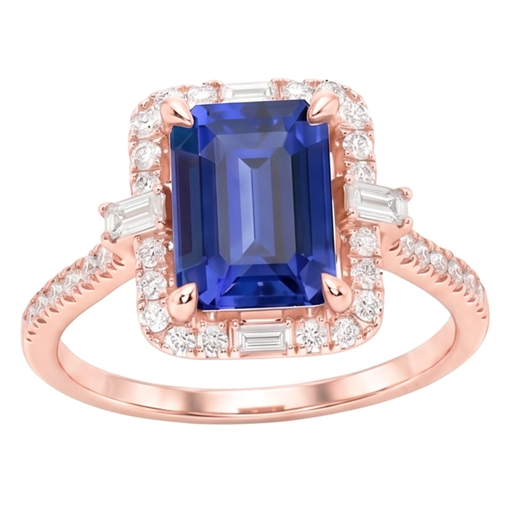 Halo Rose Gold Ring Emerald Blue Sapphire & Natural Earth Mined Diamond ( Not Lab Grown )s 3 Carats