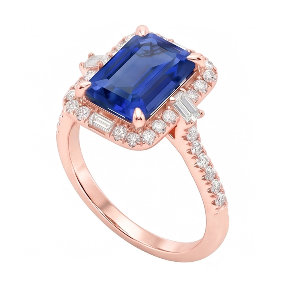 Halo Rose Gold Ring Emerald Blue Sapphire & Natural Earth Mined Diamond ( Not Lab Grown )s 3 Carats