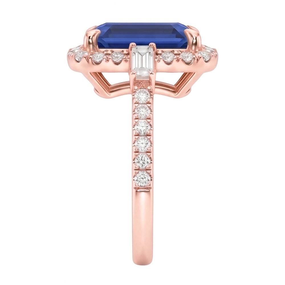 Halo Rose Gold Ring Emerald Blue Sapphire & Natural Earth Mined Diamond ( Not Lab Grown )s 3 Carats