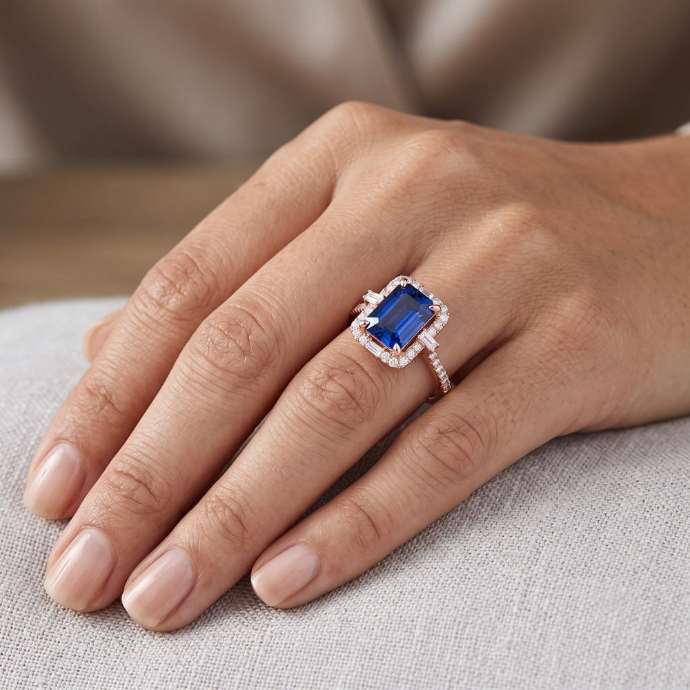 Halo Rose Gold Ring Emerald Blue Sapphire & Natural Earth Mined Diamond ( Not Lab Grown )s 3 Carats