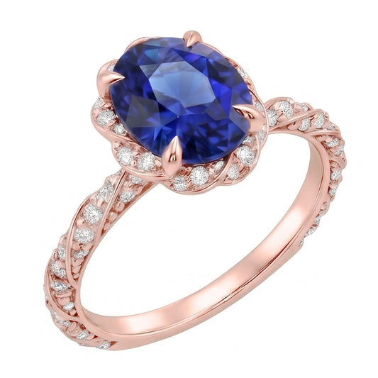 Halo Rose Gold Ring Twist Style Ceylon Sapphire & Natural Earth Mined Diamond ( Not Lab Grown )s 3.50 Carats