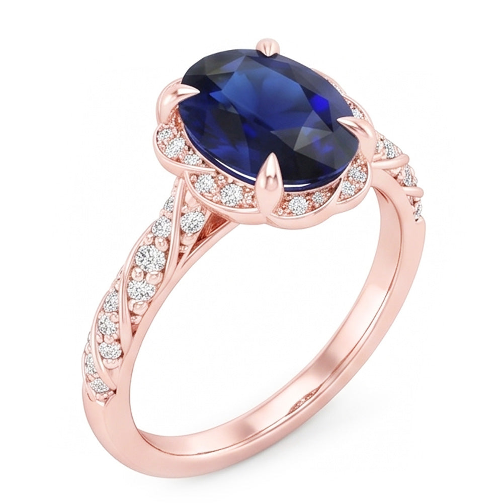 Halo Rose Gold Ring Twist Style Ceylon Sapphire & Natural Earth Mined Diamond ( Not Lab Grown )s 3.50 Carats