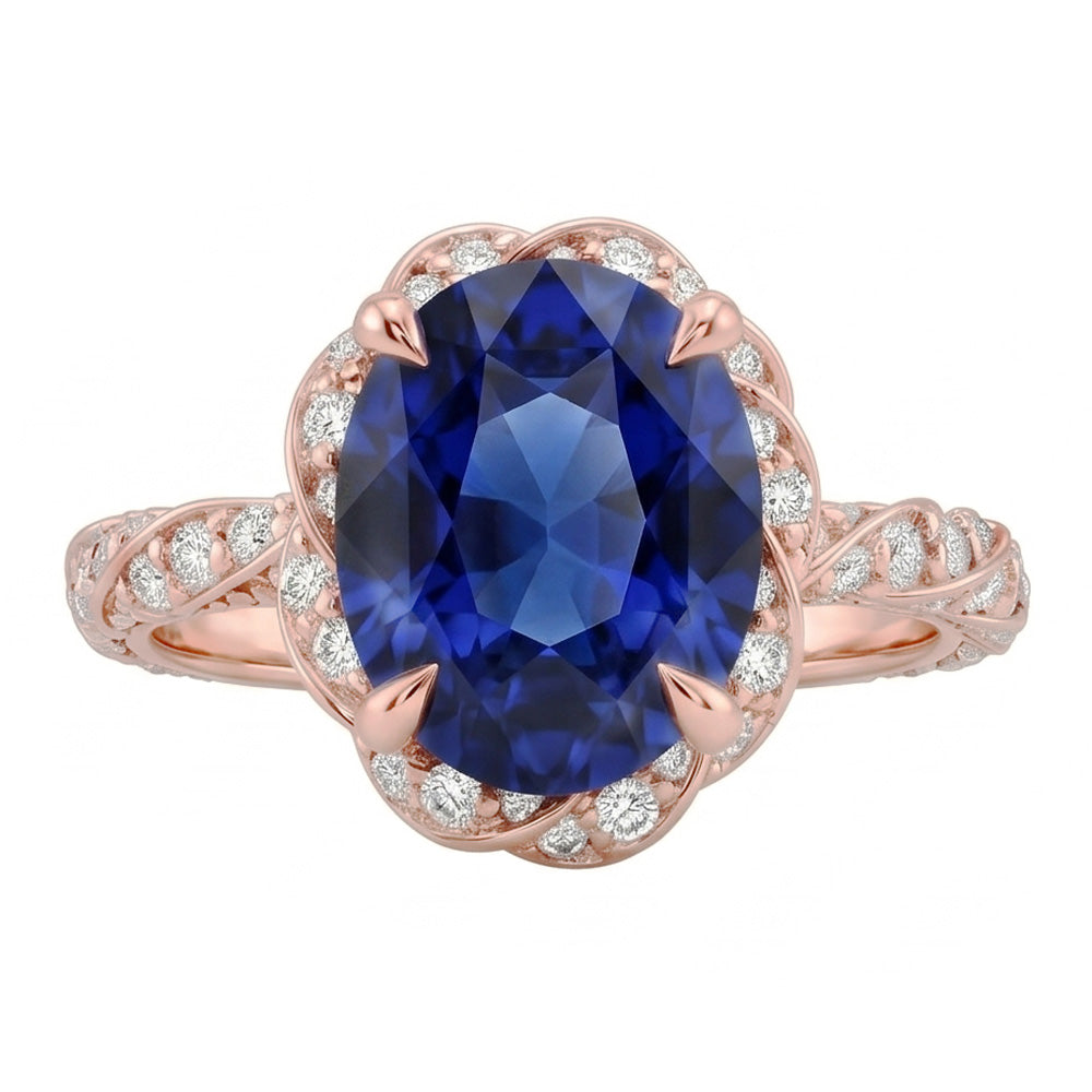Halo Rose Gold Ring Twist Style Ceylon Sapphire & Natural Earth Mined Diamond ( Not Lab Grown )s 3.50 Carats