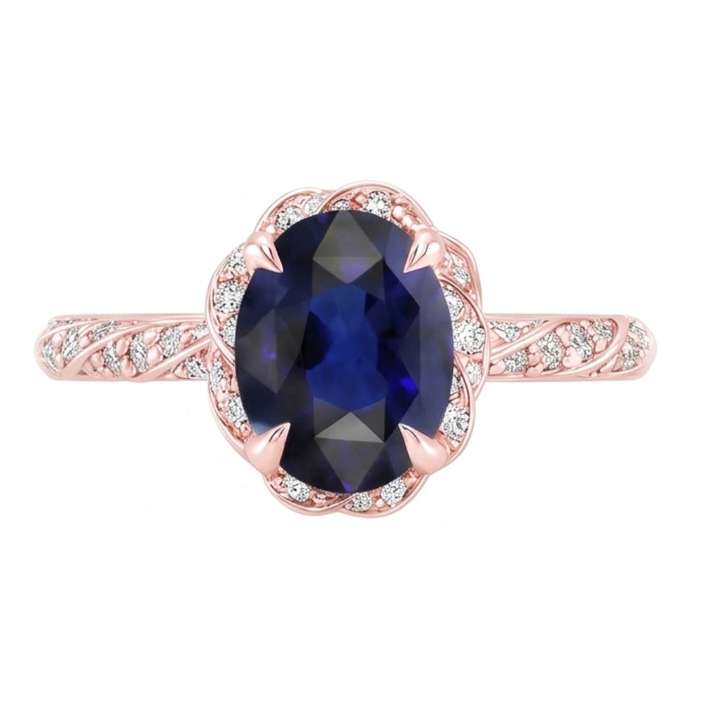 Halo Rose Gold Ring Twist Style Ceylon Sapphire & Natural Earth Mined Diamond ( Not Lab Grown )s 3.50 Carats