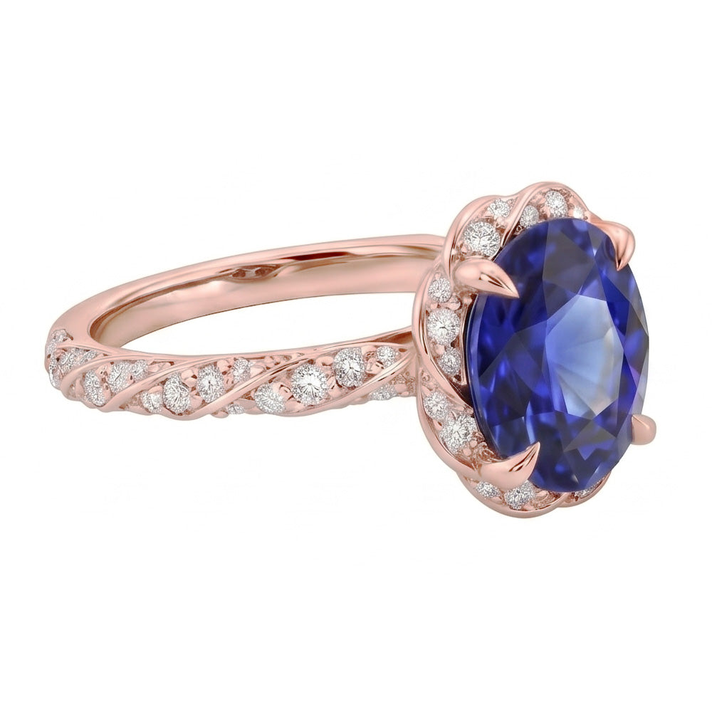 Halo Rose Gold Ring Twist Style Ceylon Sapphire & Natural Earth Mined Diamond ( Not Lab Grown )s 3.50 Carats