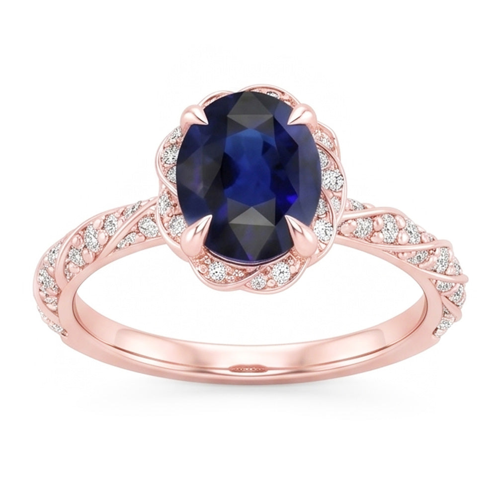 Halo Rose Gold Ring Twist Style Ceylon Sapphire & Natural Earth Mined Diamond ( Not Lab Grown )s 3.50 Carats