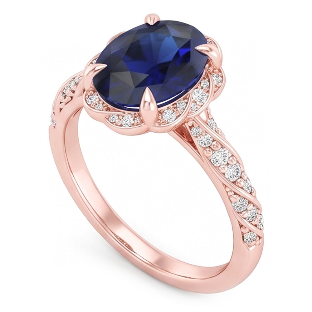 Halo Rose Gold Ring Twist Style Ceylon Sapphire & Natural Earth Mined Diamond ( Not Lab Grown )s 3.50 Carats