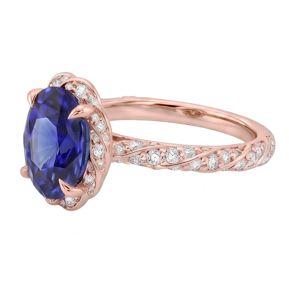 Halo Rose Gold Ring Twist Style Ceylon Sapphire & Natural Earth Mined Diamond ( Not Lab Grown )s 3.50 Carats