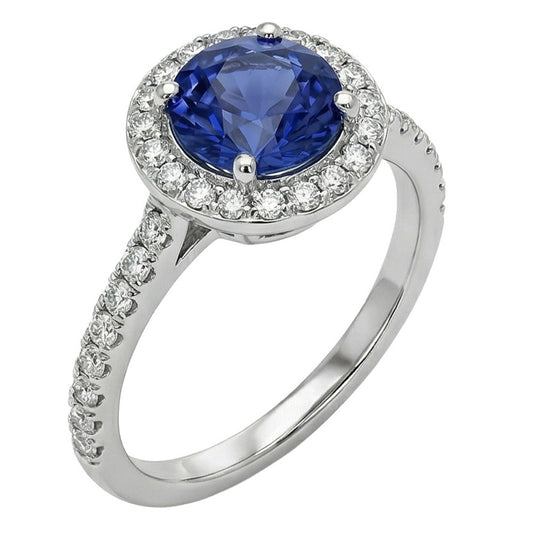 Halo Round Ceylon Sapphire Natural Earth Mined Diamond ( Not Lab Grown ) Ring White Gold 14K