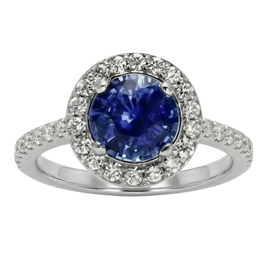 Halo Round Ceylon Sapphire Natural Earth Mined Diamond ( Not Lab Grown ) Ring White Gold 14K
