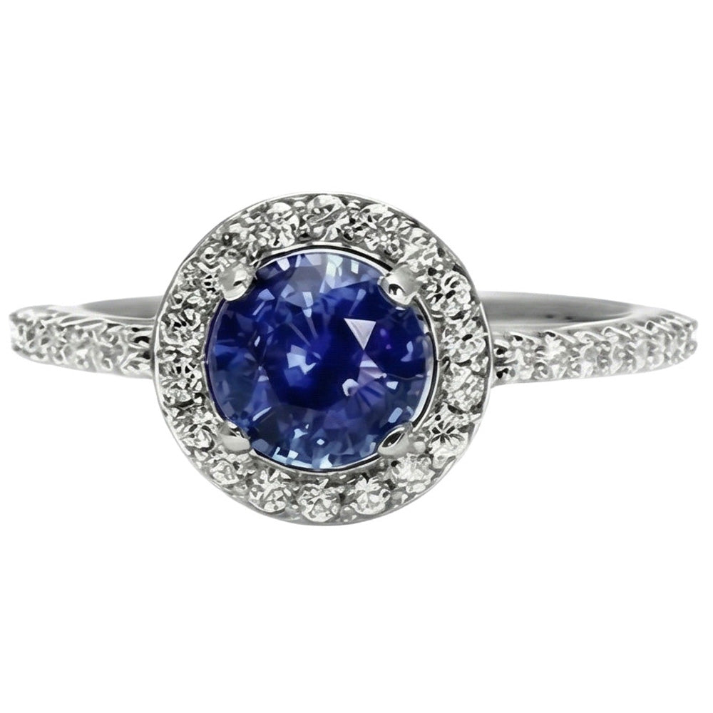 Halo Round Ceylon Sapphire Natural Earth Mined Diamond ( Not Lab Grown ) Ring White Gold 14K