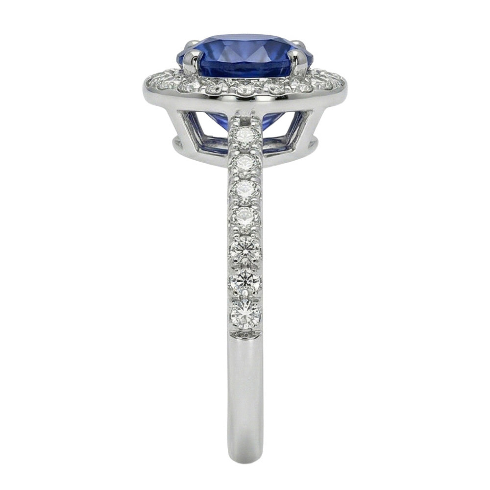 Halo Round Ceylon Sapphire Natural Earth Mined Diamond ( Not Lab Grown ) Ring White Gold 14K