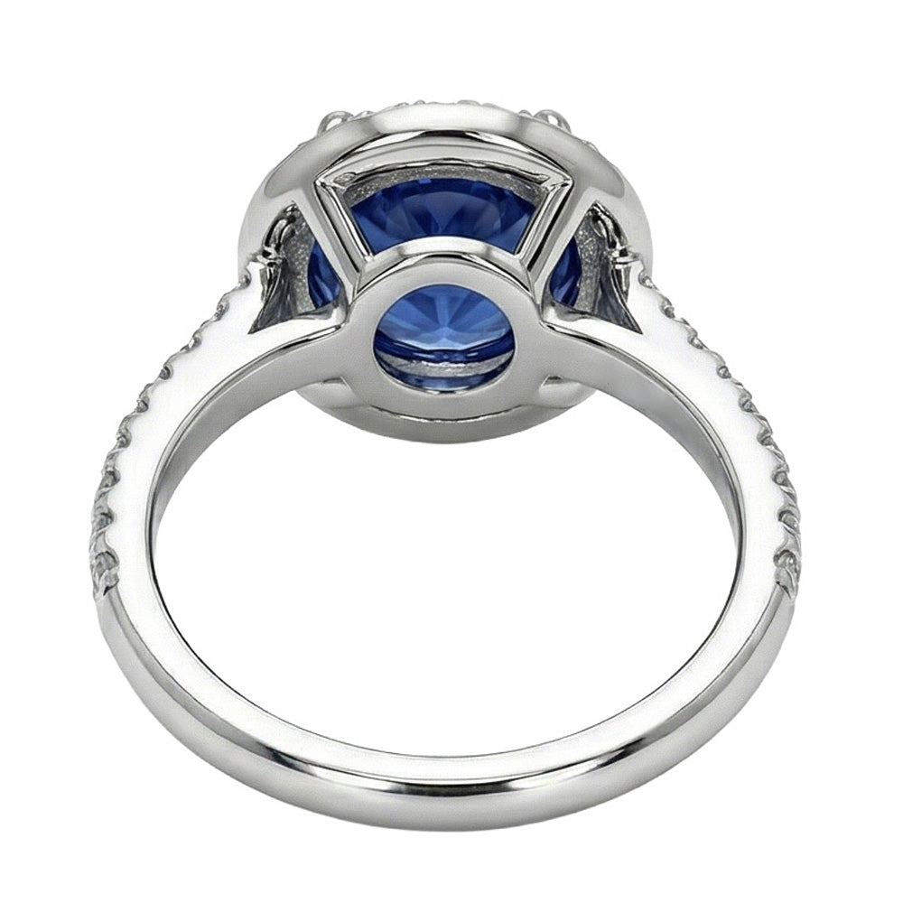 Halo Round Ceylon Sapphire Natural Earth Mined Diamond ( Not Lab Grown ) Ring White Gold 14K