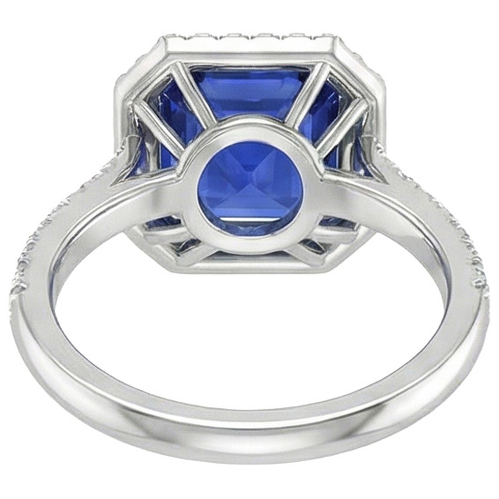 Halo Round Natural Earth Mined Diamond ( Not Lab Grown ) & Asscher Cut Blue Sapphire Ring 5.75 Carats New