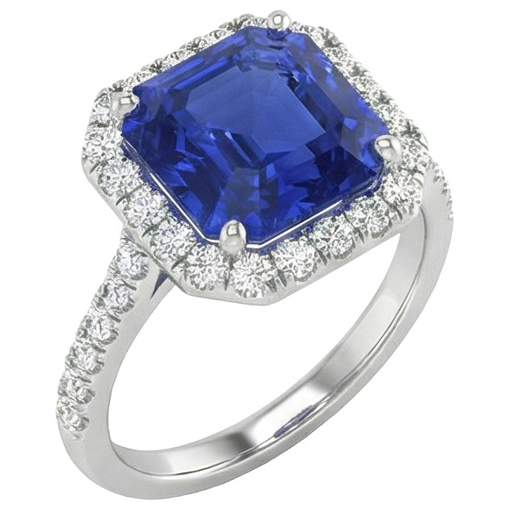 Halo Round Natural Earth Mined Diamond ( Not Lab Grown ) & Asscher Cut Blue Sapphire Ring 5.75 Carats New