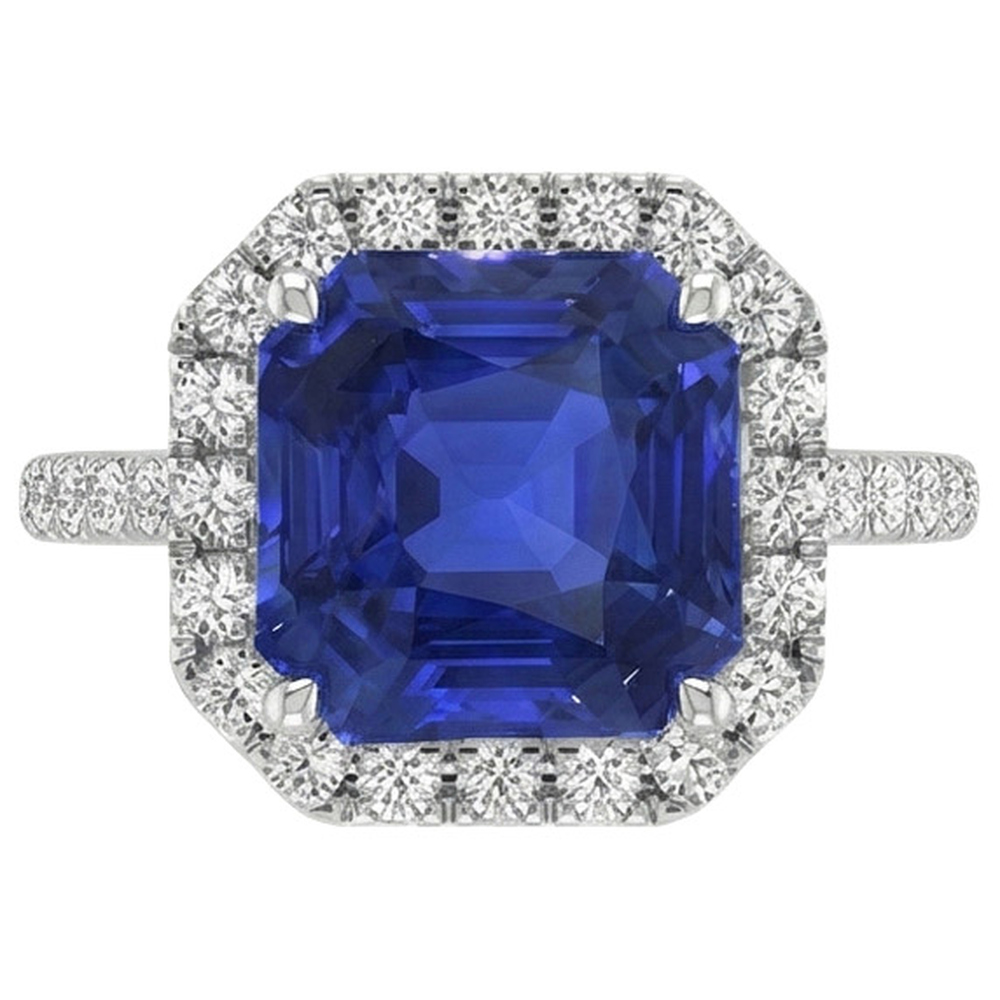 Halo Round Natural Earth Mined Diamond ( Not Lab Grown ) & Asscher Cut Blue Sapphire Ring 5.75 Carats New