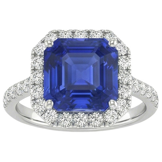 Halo Round Natural Earth Mined Diamond ( Not Lab Grown ) & Asscher Cut Blue Sapphire Ring 5.75 Carats New