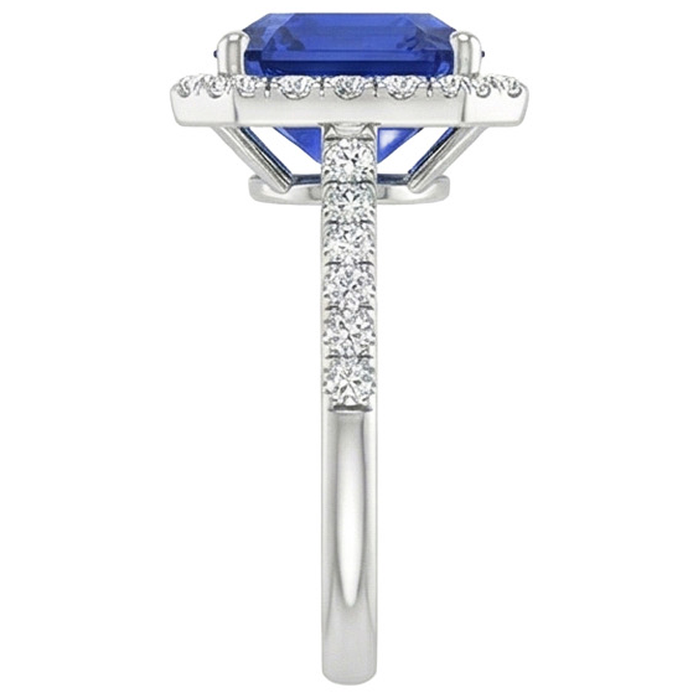 Halo Round Natural Earth Mined Diamond ( Not Lab Grown ) & Asscher Cut Blue Sapphire Ring 5.75 Carats New