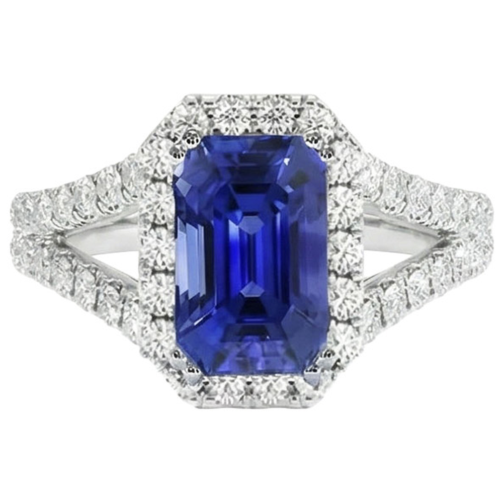 Halo Round Natural Earth Mined Diamond ( Not Lab Grown ) & Ceylon Sapphire Engagement Ring 11.75 Carats