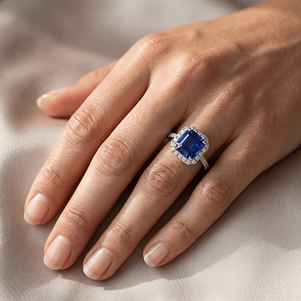 Halo Round Natural Earth Mined Diamond ( Not Lab Grown ) & Asscher Cut Blue Sapphire Ring 5.75 Carats New
