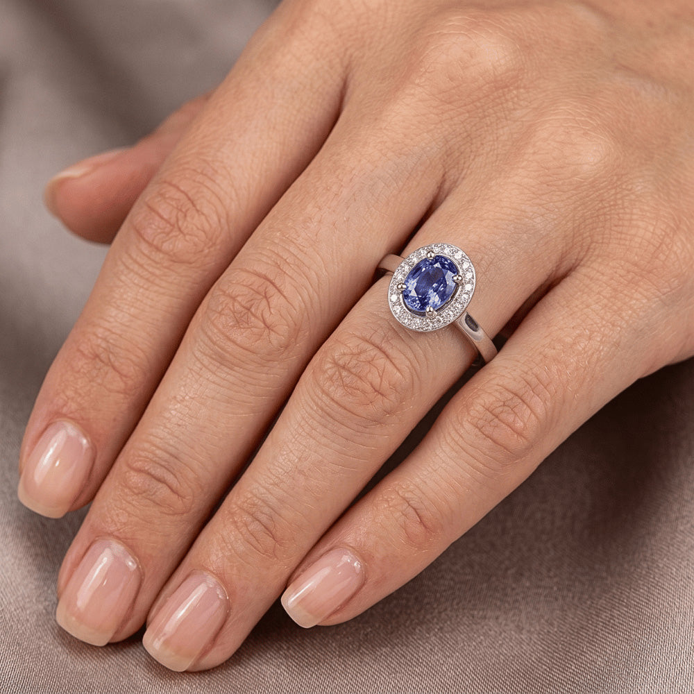 Halo Sapphire And Natural Earth Mined Diamond ( Not Lab Grown ) Ring
