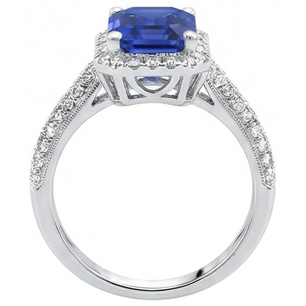 Halo Sapphire Engagement Ring Double Row Pave Set Natural Earth Mined Diamond ( Not Lab Grown )s 4 Carats