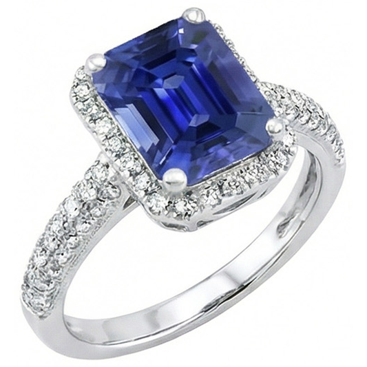Halo Sapphire Engagement Ring Double Row Pave Set Natural Earth Mined Diamond ( Not Lab Grown )s 4 Carats