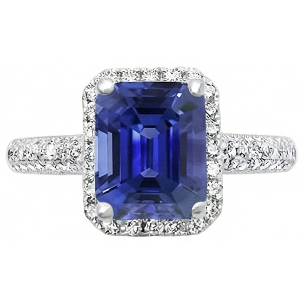 Halo Sapphire Engagement Ring Double Row Pave Set Natural Earth Mined Diamond ( Not Lab Grown )s 4 Carats