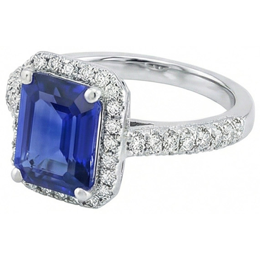 Halo Sapphire Engagement Ring Double Row Pave Set Natural Earth Mined Diamond ( Not Lab Grown )s 4 Carats