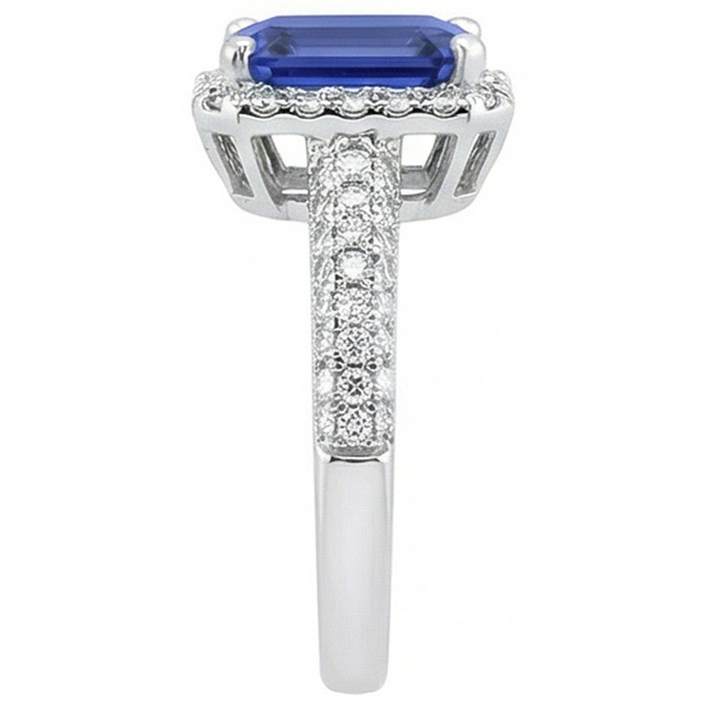 Halo Sapphire Engagement Ring Double Row Pave Set Natural Earth Mined Diamond ( Not Lab Grown )s 4 Carats