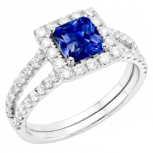 Halo Sapphire Engagement Ring Set Pave Natural Earth Mined Diamond ( Not Lab Grown ) Gold Band 3 Carats