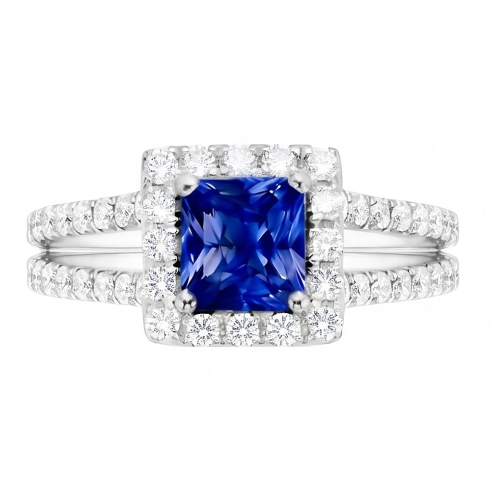 Halo Sapphire Engagement Ring Set Pave Natural Earth Mined Diamond ( Not Lab Grown ) Gold Band 3 Carats