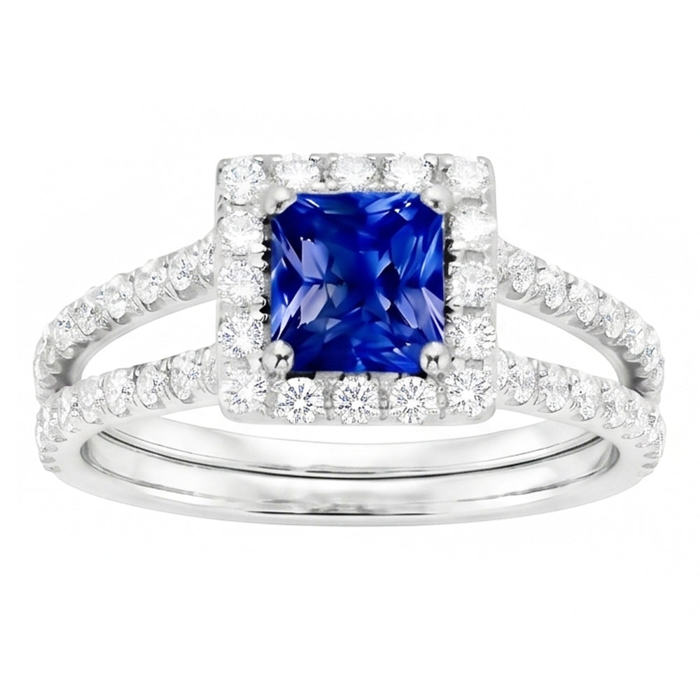 Halo Sapphire Engagement Ring Set Pave Natural Earth Mined Diamond ( Not Lab Grown ) Gold Band 3 Carats