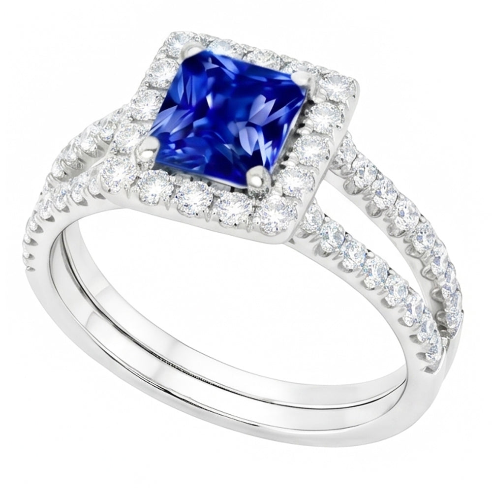 Halo Sapphire Engagement Ring Set Pave Natural Earth Mined Diamond ( Not Lab Grown ) Gold Band 3 Carats