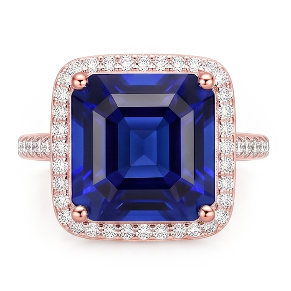 Halo Sapphire Engagement Ring Two Tone 14K 6 Carats Pave Set Natural Earth Mined Diamond ( Not Lab Grown )s