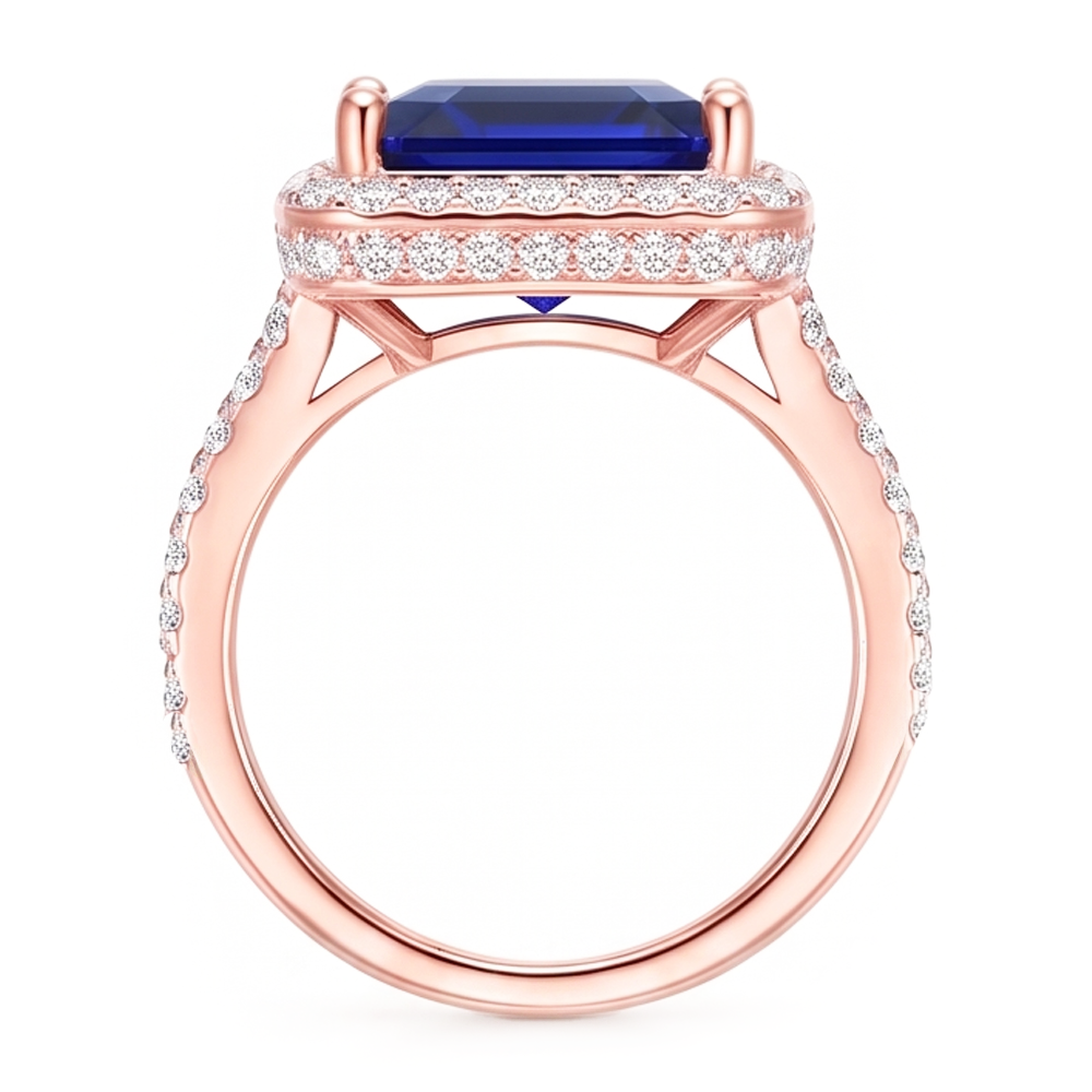 Halo Sapphire Engagement Ring Two Tone 14K 6 Carats Pave Set Natural Earth Mined Diamond ( Not Lab Grown )s
