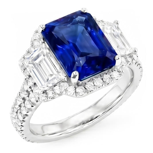 Halo Sapphire Gemstone Ring 6 Carats Emerald & Round Natural Earth Mined Diamond ( Not Lab Grown )s Pave Set