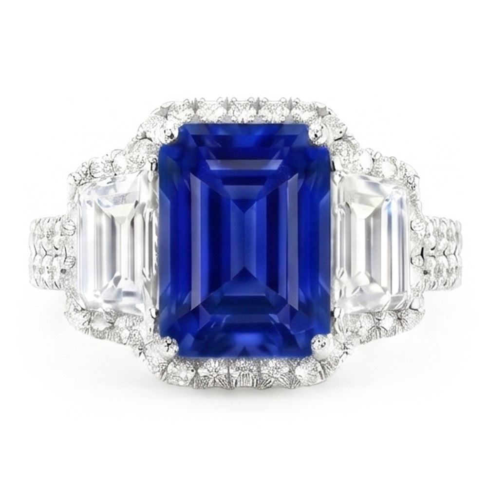 Halo Sapphire Gemstone Ring 6 Carats Emerald & Round Natural Earth Mined Diamond ( Not Lab Grown )s Pave Set