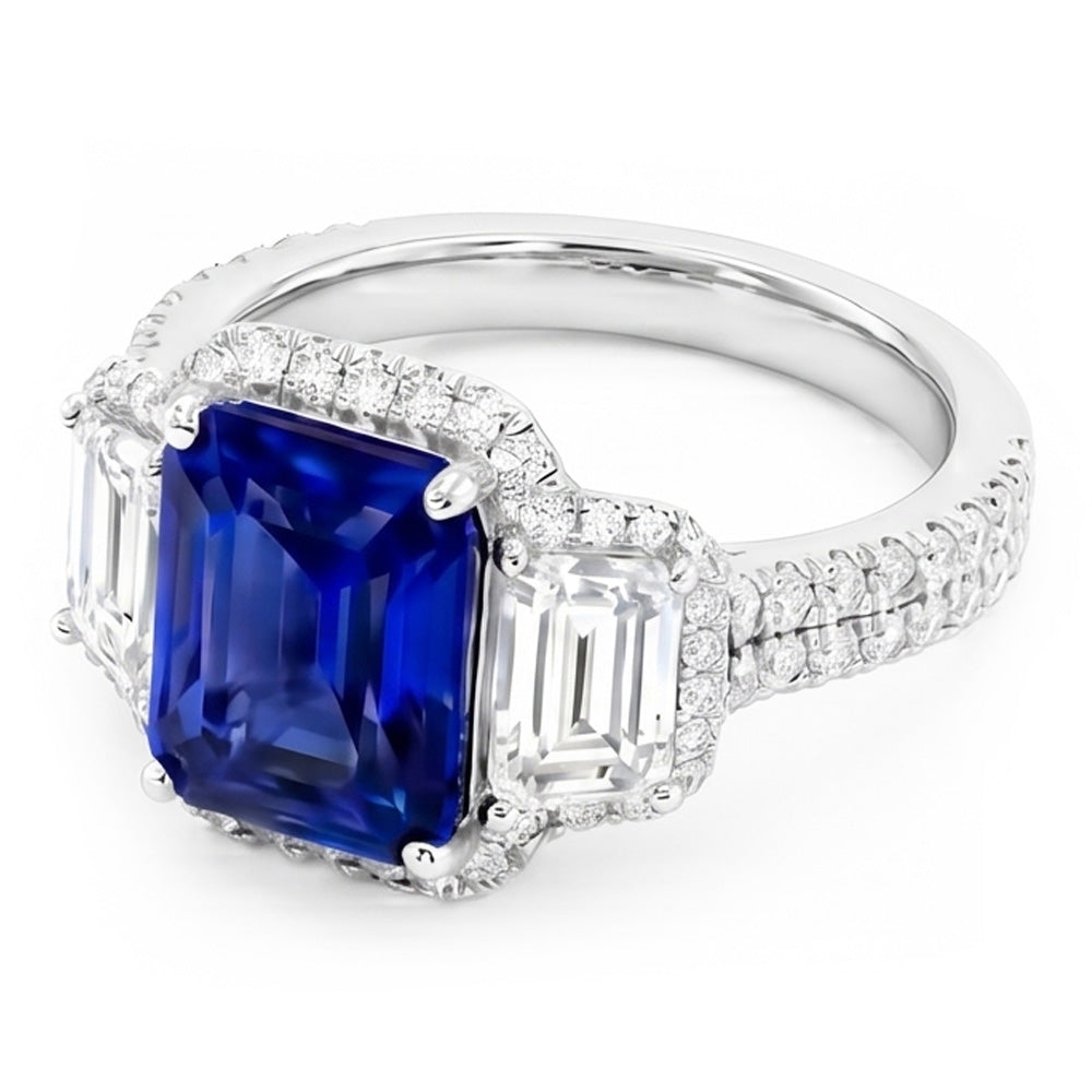 Halo Sapphire Gemstone Ring 6 Carats Emerald & Round Natural Earth Mined Diamond ( Not Lab Grown )s Pave Set