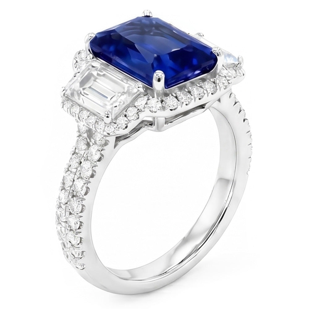 Halo Sapphire Gemstone Ring 6 Carats Emerald & Round Natural Earth Mined Diamond ( Not Lab Grown )s Pave Set