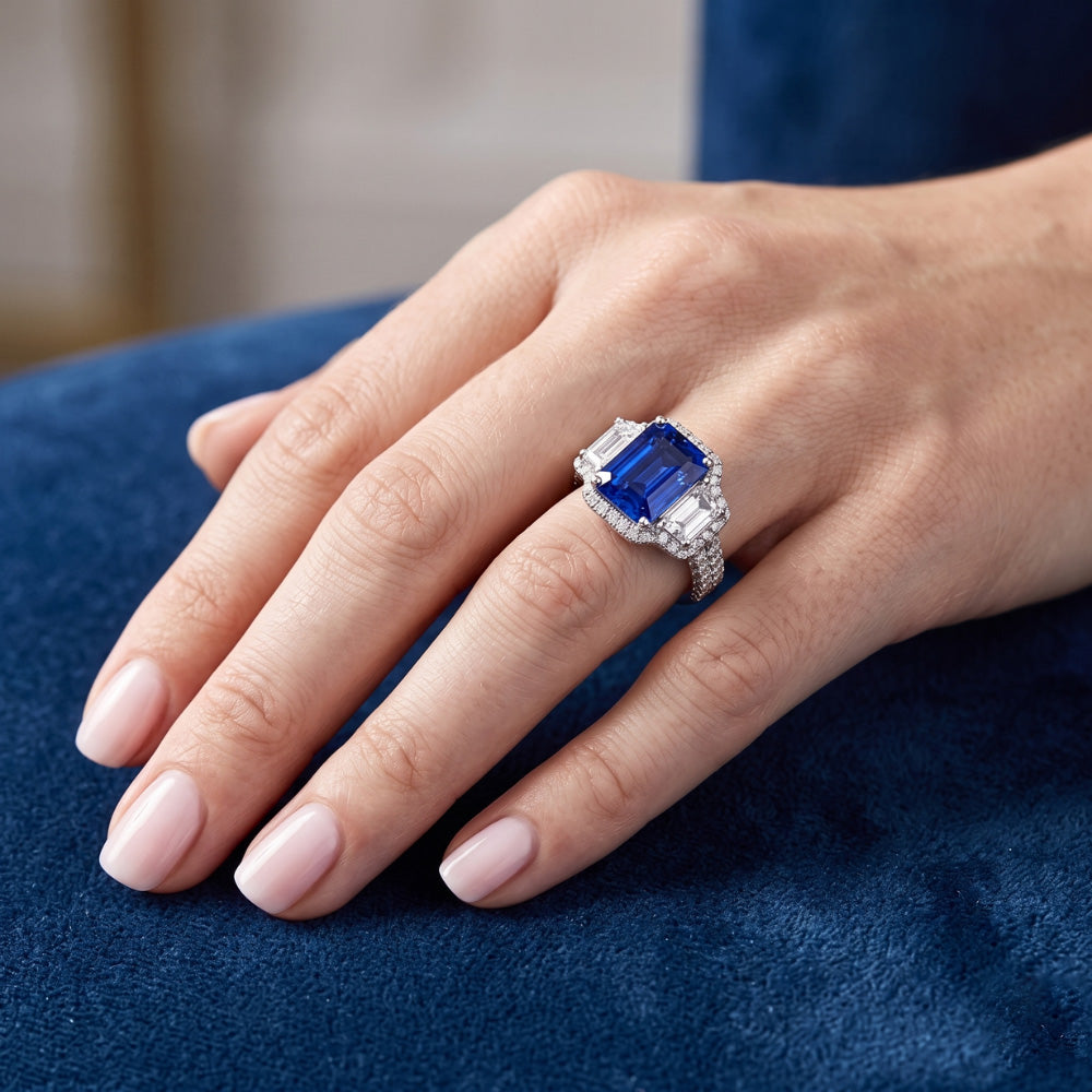 Halo Sapphire Gemstone Ring 6 Carats Emerald & Round Natural Earth Mined Diamond ( Not Lab Grown )s Pave Set