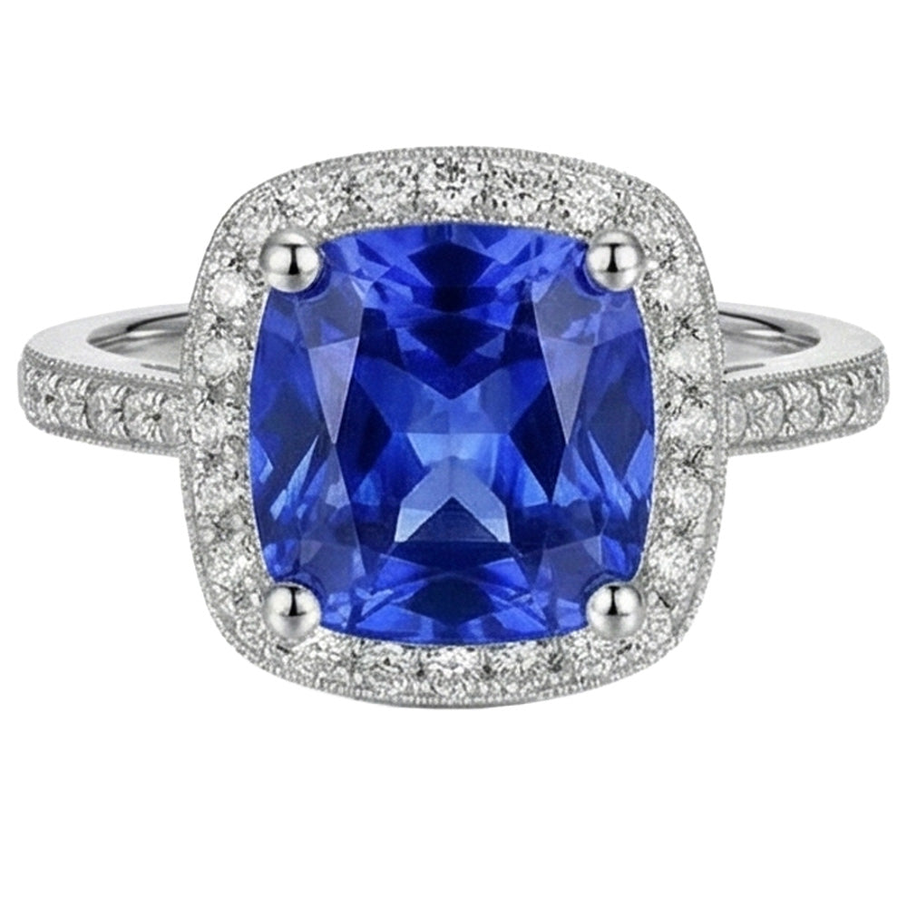 Halo Sapphire Natural Earth Mined Diamond ( Not Lab Grown ) Ring Cushion Cut