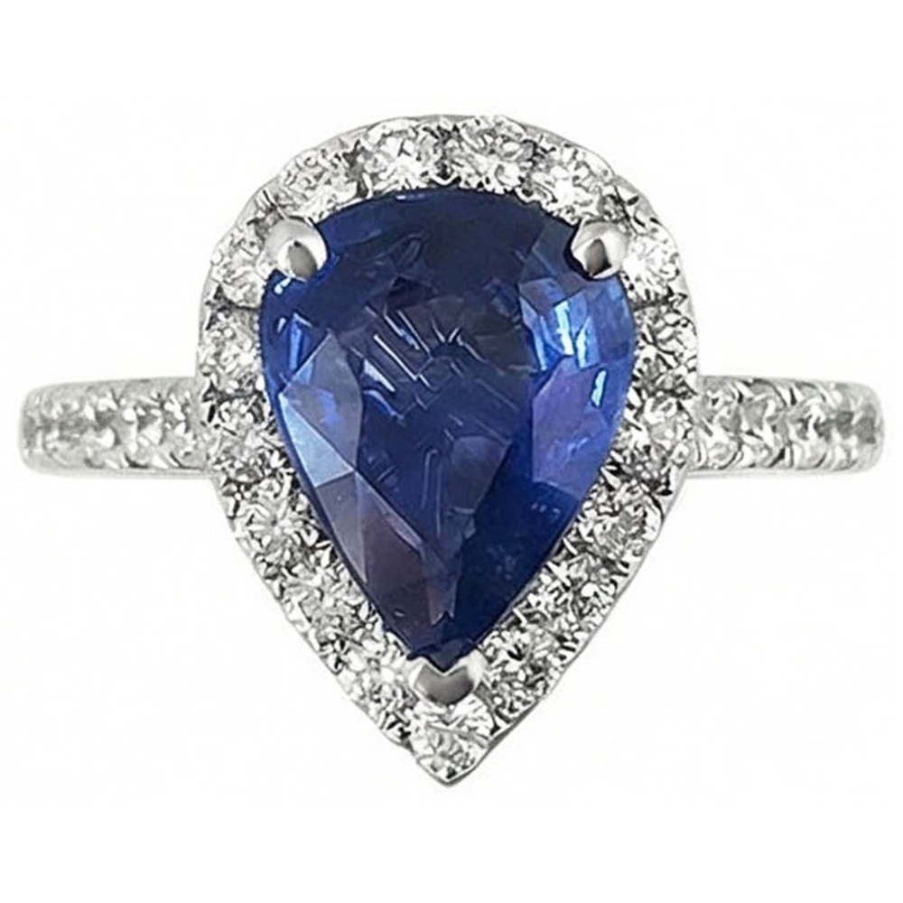 Halo Sapphire Pear Engagement Natural Earth Mined Diamond ( Not Lab Grown )  Ring