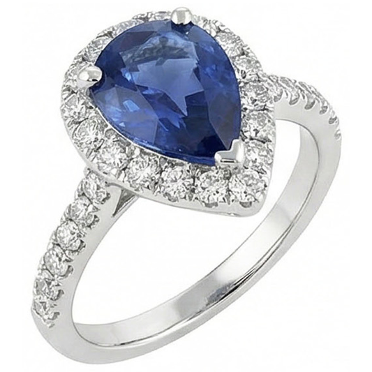 Halo Sapphire Pear Engagement Natural Earth Mined Diamond ( Not Lab Grown )  Ring